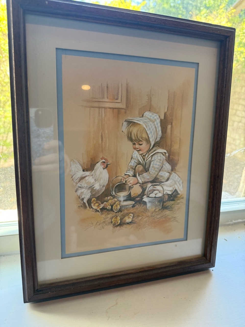 Framed Picture by Tim Conner- Little Girl in Bonnet feeding Chicks
